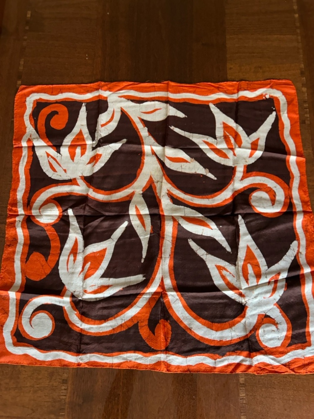 Orange Brown White Abstract Silk Scarf hand rolled and hand stitched 26“ x 26“ - Picture 4 of 8